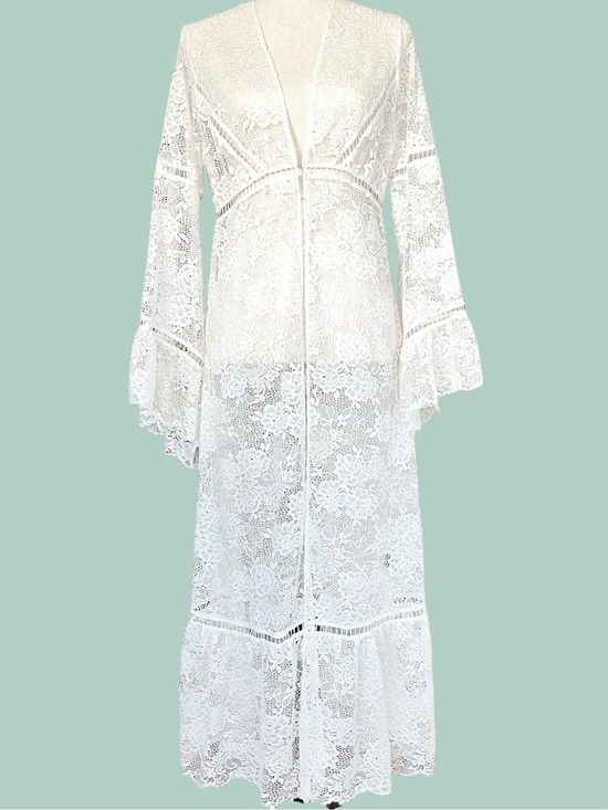 Curations Sweaters - Curation Ivory Sheer Lace Heirloom Maxi S Pagoda Sleeve Festival Duster Top